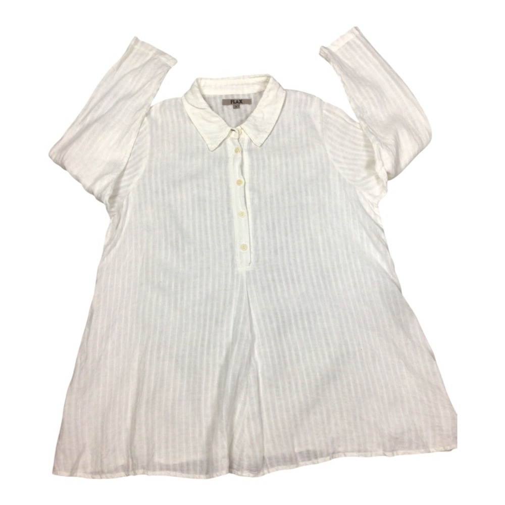 Flax 100% Linen White Long Sleeve Button Front Tunic Top Oversized